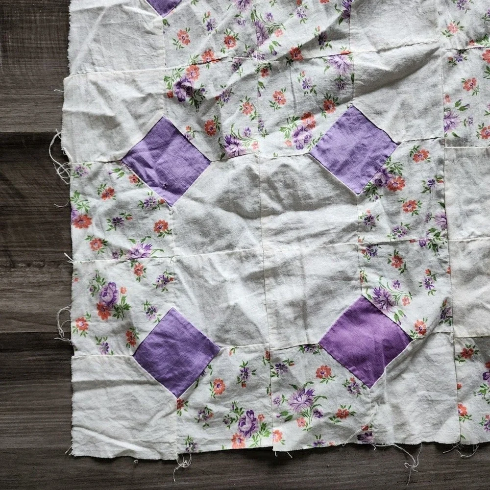 VINTAGE Handmade Patchwork Quilt Top Unfinished Purple Bow Tie Floral 38x92
